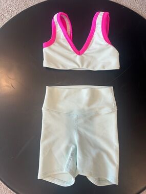 Five Ribbed Two-Piece Active Set in mint with Hot Pink Trim (YL)